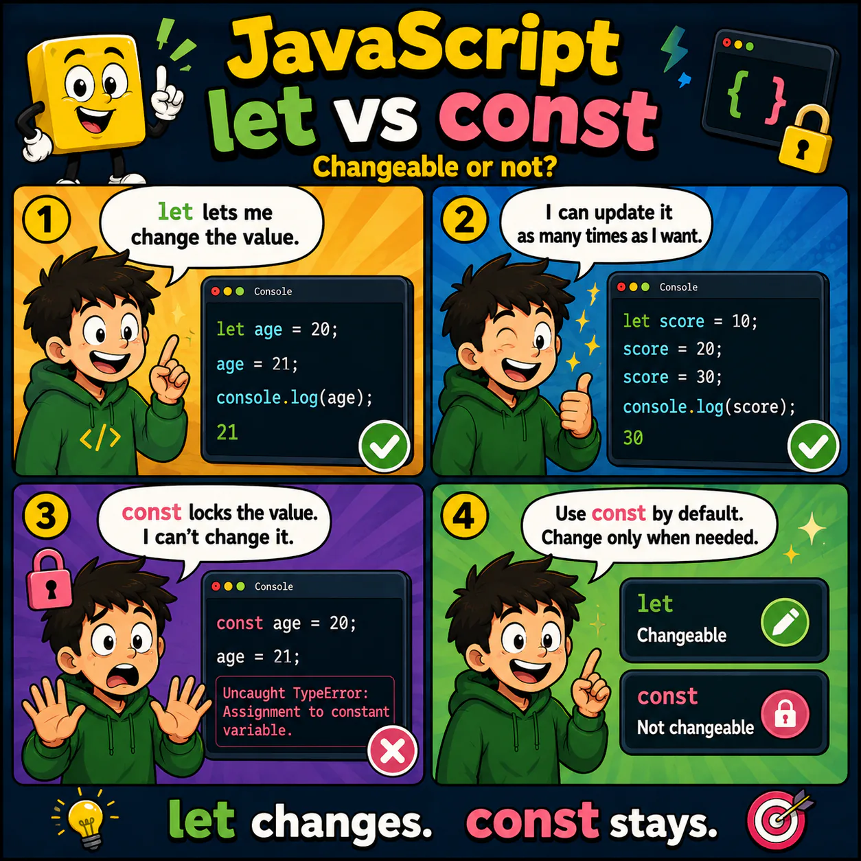 let vs const у JavaScript: наочний приклад для теми «Чи може значення змінитися»