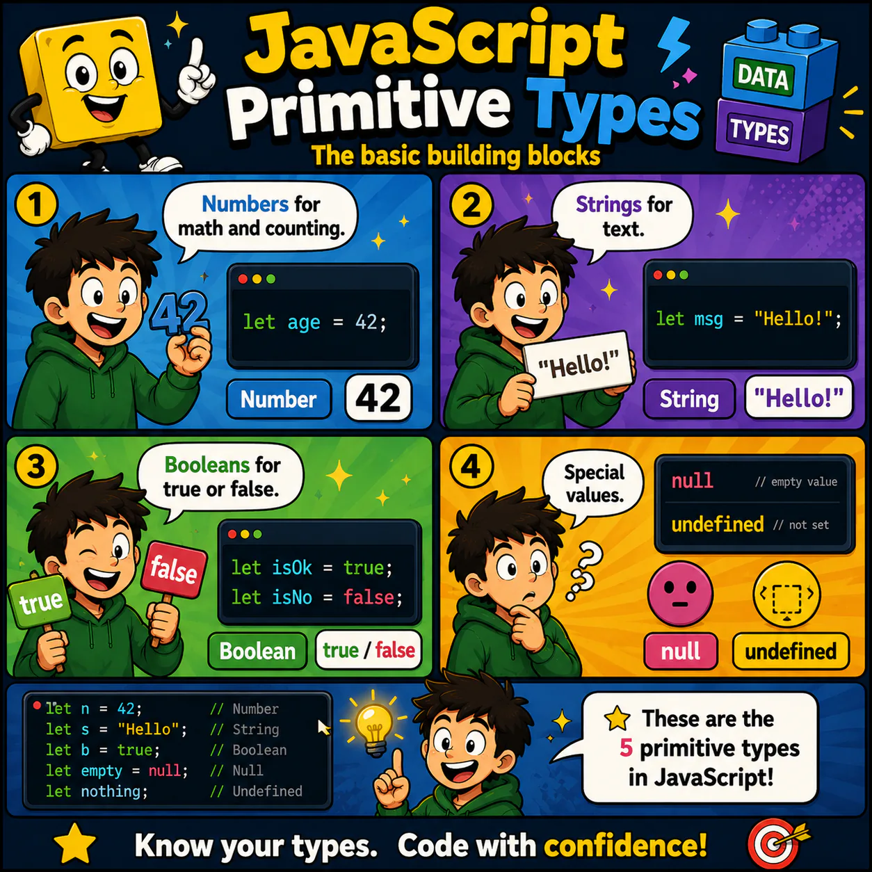 Схема уроку з JavaScript про Primitive Types: Вивчи основні типи даних у JavaScript