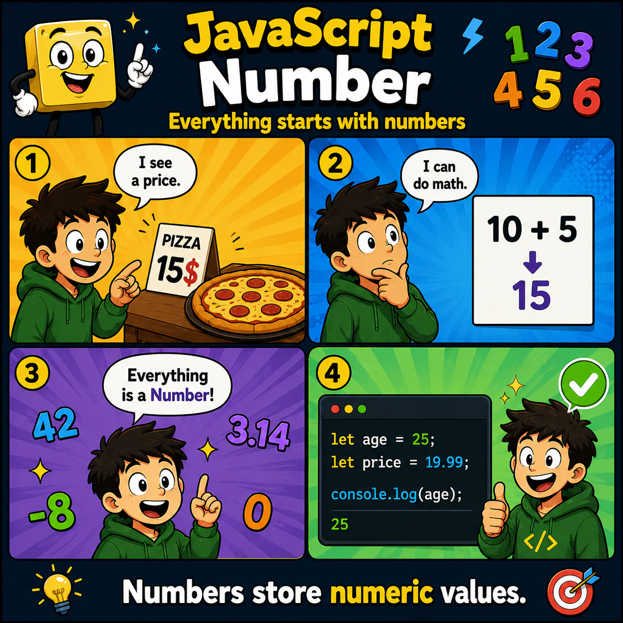 Візуальне пояснення теми «Number» у JavaScript: Дізнайся, як JavaScript зберігає та використовує числові значення