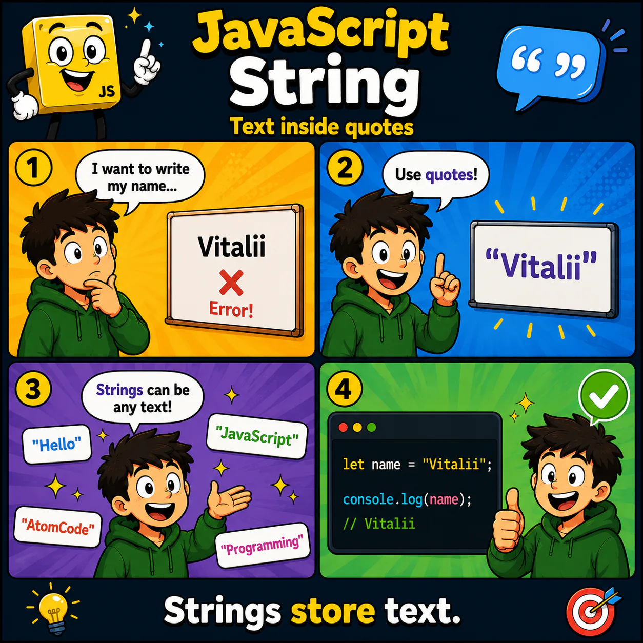 Навчальна ілюстрація про String у JavaScript — Текст у лапках