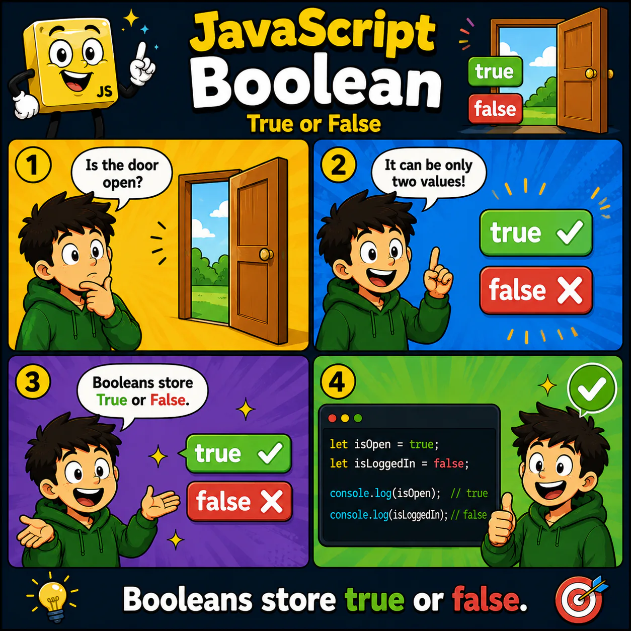 Boolean у JavaScript: наочний приклад для теми «True або False»