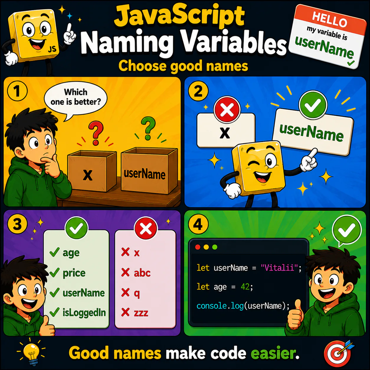 Навчальна ілюстрація про Naming Variables у JavaScript — Обирай гарні назви