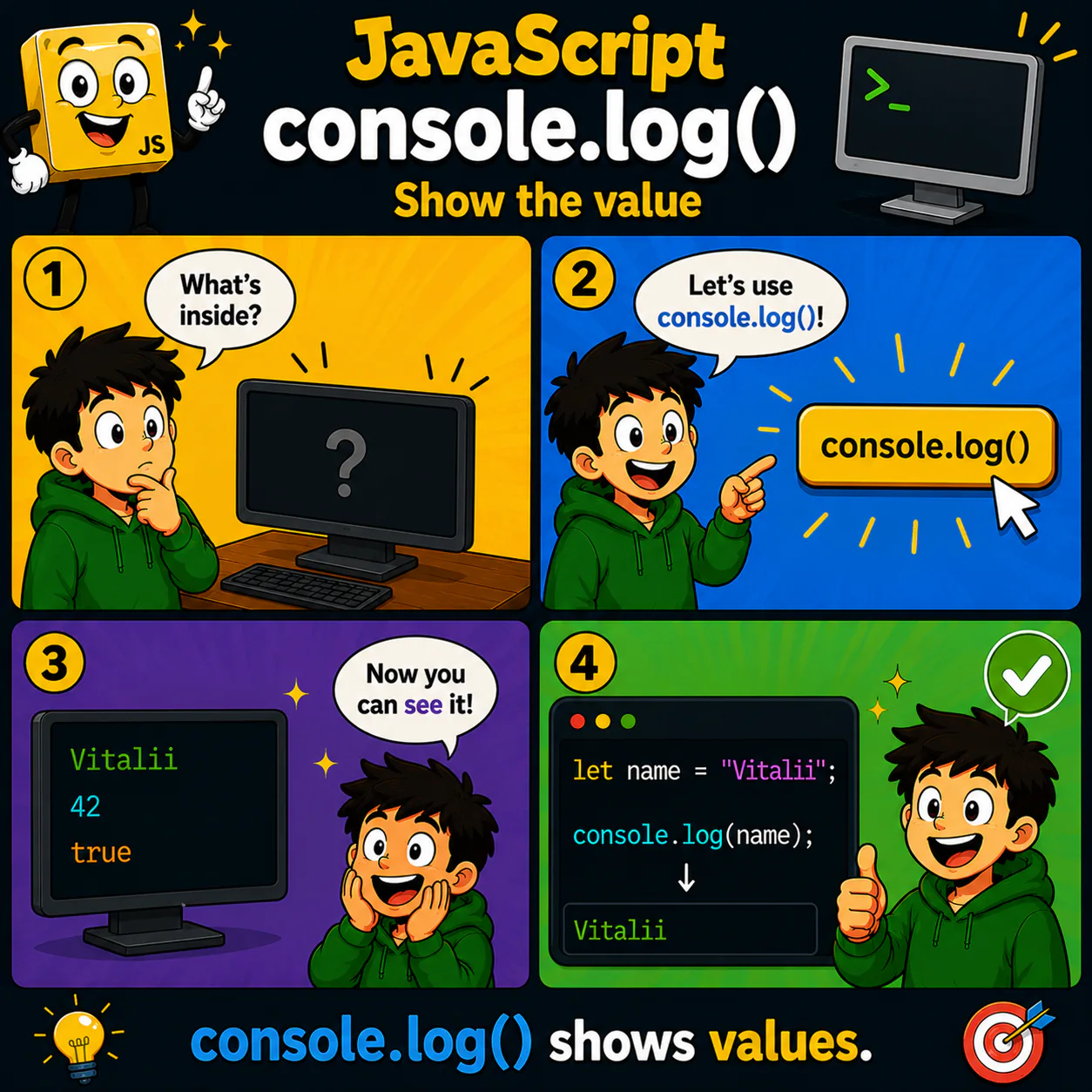Схема уроку з JavaScript про console.log(): Дізнайся, як виводити значення в консоль JavaScript
