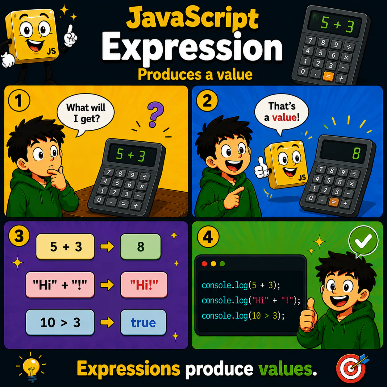 Візуальне пояснення теми «Expression» у JavaScript: Дізнайся, що таке expression і чому кожен expression повертає значення