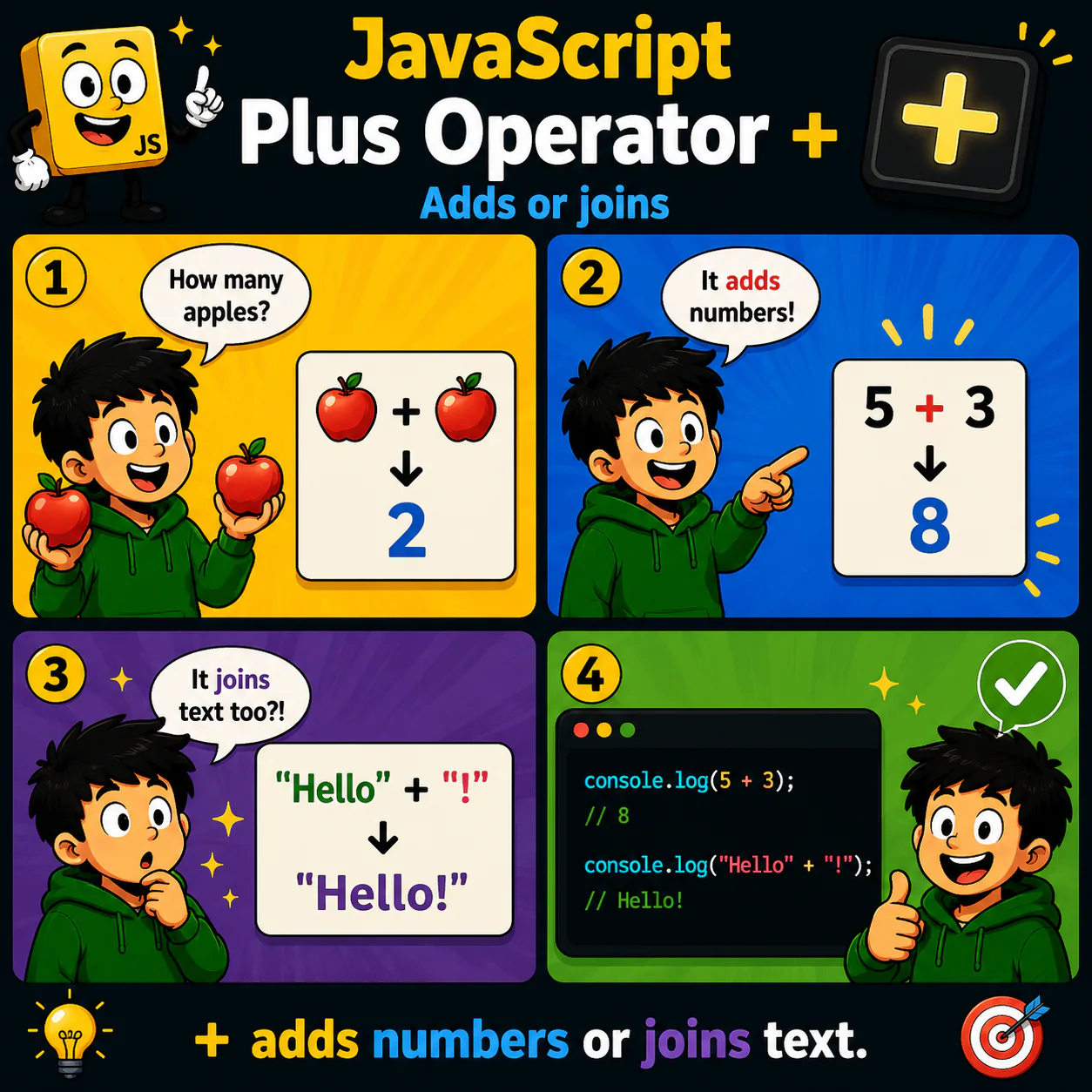 Схема уроку з JavaScript про Plus Operator +: Зрозумій, як оператор + працює з числами та рядками