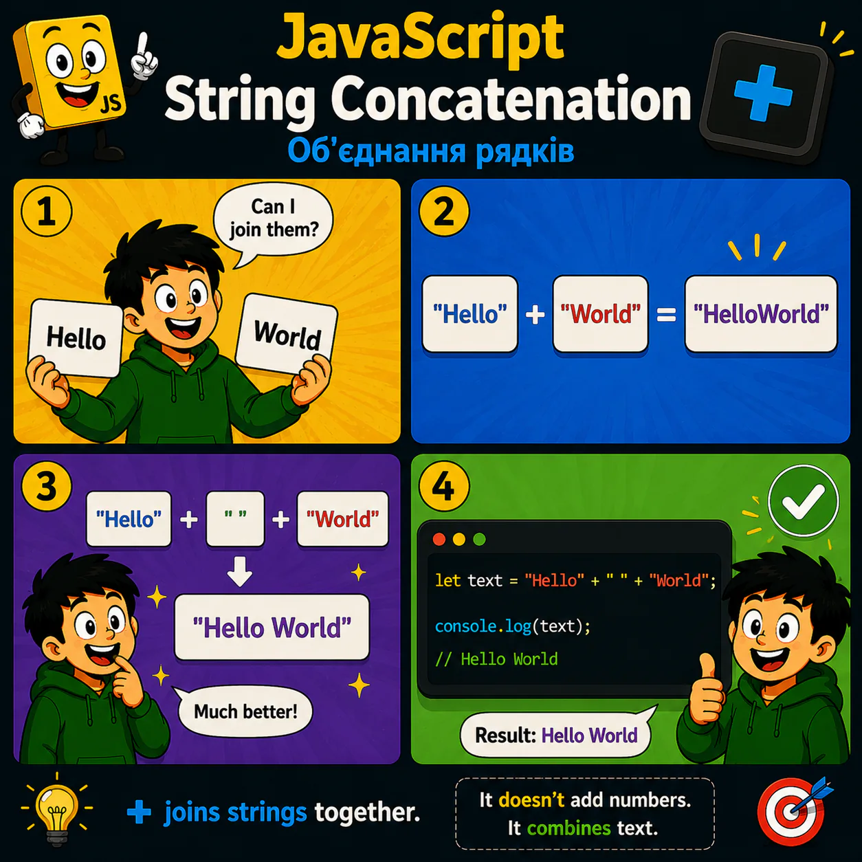 Візуальне пояснення теми «String Concatenation» у JavaScript: Навчись об'єднувати текстові рядки за допомогою оператора +